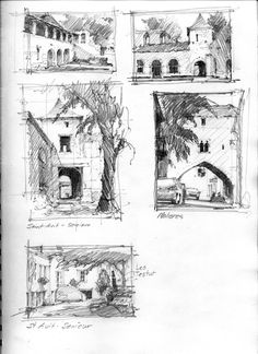 four sketches of different buildings and trees