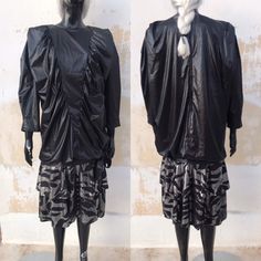 "All of the DRAMA! What an exceptional piece is that! Such an amazing, avant-garde, New Romantic dress. That is pure 80s gothic glam. Made of sleek - liquid moiré polyester black fabric (we call it the glossy garbage bag fabric! that features full figure with a gorgeous ruched triangle bust (forms a huge V) and a Charleston styled double layered floaty midi skirt that gathers and ties at the left side with a side tie wide bow. The skirt has metallic silver abstract/thick striped design (so typic Silver Party Dress, Bust Form, Charleston Style, Gothic Glam, Silver Party, Romantic Dress, Long Scarf, Vintage Store, Lovely Dresses