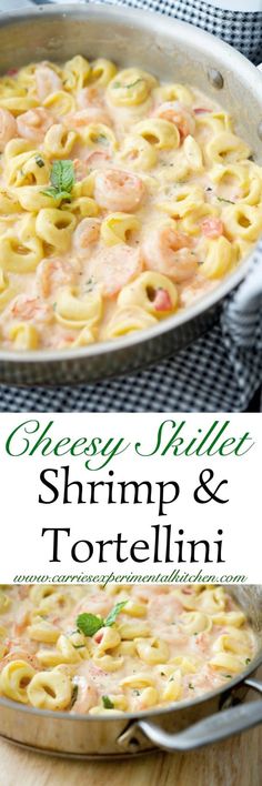 shrimp and tortellini pasta in a skillet on a wooden table with text overlay