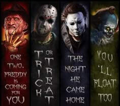 three horror themed banners with the words, one for two, the night he came home