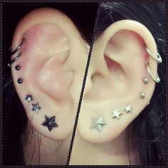 two pictures of the same ear with different piercings