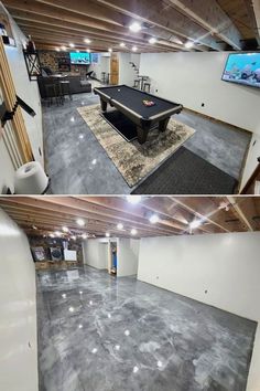 two pictures of a pool table in a basement with the same color and flooring