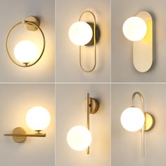 four different angles of a wall light with white balls on the top, bottom and bottom