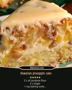 a close up of a piece of cake on a plate with the words hawaiian pineapple cake