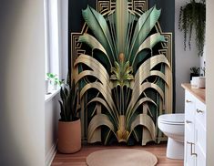 a bathroom decorated in art deco style with plants