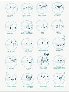 an image of cartoon faces drawn in blue ink with different expressions and words on them