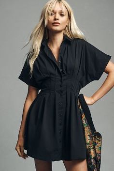 The Tobie Button-Front Pleated Shirt Dress by Exquise: Mini Edition | Anthropologie Corset Pants, Button Up Shirt Dress, Pleated Shirt Dress, Pleated Shirt, Cropped Cardigan Sweater, Flowy Maxi Dress, Dress Shirt Sleeves, Mini Shirt Dress, Trendy Clothes For Women