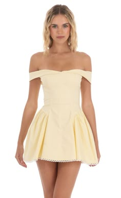 Off Shoulder Fit and Flare Dress in Yellow | LUCY IN THE SKY Upf Clothing, Small Skirt, Cute Homecoming Dresses, Casual Day Dresses, Straight Dress, Fabulous Dresses, Little White Dresses, Hoco Dresses, Junior Dresses