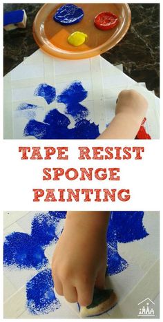 a kid is painting with blue and white paint on the paper that says tape resist sponge painting