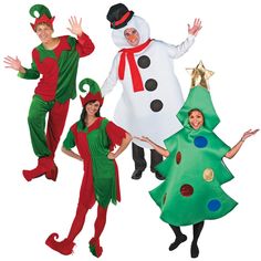 three people dressed in christmas costumes standing next to each other, one wearing a snowman costume