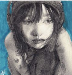 a drawing of a girl with headphones on