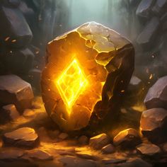 a rock with a glowing diamond on it in the middle of some rocks and water