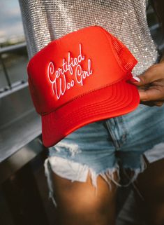 Certified Woo Girl - because being a girls girl is it. Lets cheer each other on! The cutest hat we need for all summer longggggg In collaboration with Caleigh Hardy Red foam trucker hat with Cowboy Hat embroidered! Caleigh Hardy, Woo Girl, Girl Trucker, Girls Girl, School Collection, Cute Hats, Brand Ambassador, Cowboy Hat, Holiday Collection