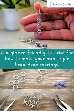 dangle earrings with silver jump rings and purple seed beads. Supplies needed to make the earrings. Earring Making For Beginners, Diy Earring Findings, Bead Drop Earrings Diy, Beaded Jewellery Tutorial, Beading Tutorials Beginner, Earring Making Ideas Diy Jewelry, Easy Jewelry Making Ideas Step By Step, Diy Earrings Easy Simple, Seed Bead Jewelry Patterns Tutorials