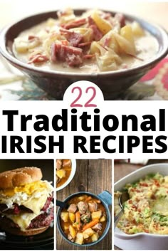 the cover of 22 delicious and festive irish recipes, with pictures of different dishes