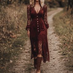 Dress Wine, Bohemian Skirt, Long Sleeve Design, Maxi Styles, Outdoor Leisure, Long Sleeve Lace Dress, Flounce Sleeve, Lace Sleeves, Long Sleeve Lace