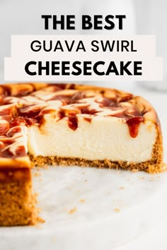 A side shot of a guava swirl cheesecake with a piece missing and the words "the best guava swirl cheesecake" in the foreground Mini Guava Cheesecake, Puerto Rican Cheesecake, Guava Cheesecake Recipe, Guava Dessert Recipes, Maria Cookies Dessert Recipes, Guava Marmalade, Guava Pastries, Guava Cheesecake, Guava Desserts