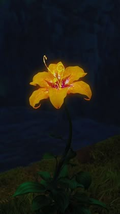 a large yellow flower sitting on top of a lush green field