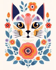 a cat with flowers and leaves on it's head, in the middle of a floral