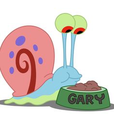 an image of a snail eating food out of a bowl with the word gary on it