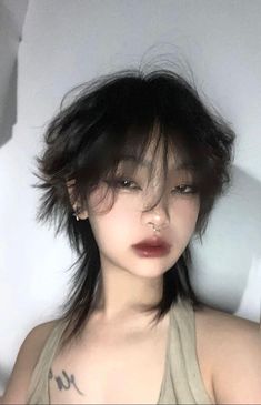 Soft jellyfish hairstyle, grunge hairstyles, aesthetic #jelly Wolfcut Hair Reference, Shag Haircut Asian, Masculine Female Haircuts, Genshin Haircut, Xiao Haircut Real Life, Asian Mullet Hairstyle Women, Very Short Wolfcut, Anime Inspired Haircuts, Edgy Short Hair Styles