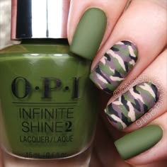 Here's the tutorial for my easy camo nails! I'll put together an in depth YouTube tutorial for these asap! Also come check out my pro page @pronailsbycambria to see what I'm doing at the salon! Panda - Desiigner @opi_products Infinite Shine Olive For Green, Set In Stone, We're In The Black, Don't Pretzel My Buttons, and Matte Top Coat @twinkled_t #00 nail art brush and #6 cleanup brush @sechenails Seche Vite Nail Shapes Squoval, Camouflage Nails, Camo Nails, Ring Finger Nails, Fun Summer Nails, Squoval Nails, Short Coffin, Nails Green, Green Nail