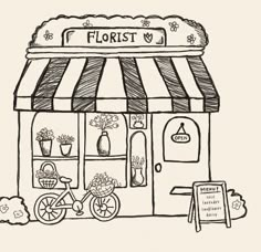 a drawing of a florist shop with flowers on the front and bicycle parked outside