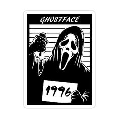 a sticker with the words ghostface on it and a person holding a sign