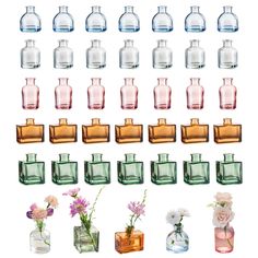 there are many vases with flowers in them on the white background, and one is empty