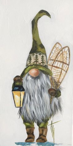 an image of a painting of a gnome with a lantern and bird on his shoulder