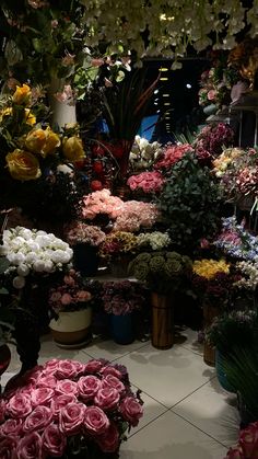 a bunch of flowers that are sitting on the ground in front of some plants and potted plants