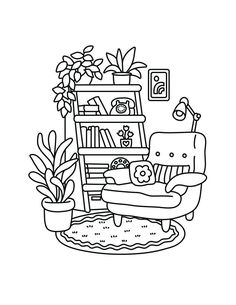 a black and white line drawing of a chair in front of a bookshelf