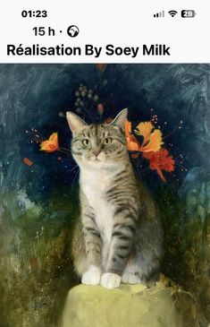 a painting of a cat sitting on top of a rock with flowers in the background