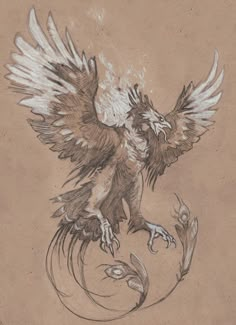 a drawing of a bird with wings and claws on it's back, sitting on top of a branch