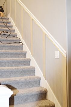 a cat is sitting on the carpeted stairs next to an electrical outlet and power strip