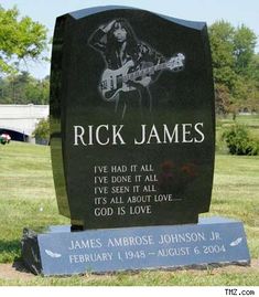 a grave with a guitar on it and the words rick james written in black ink