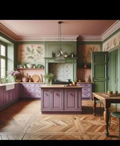 an old fashioned kitchen with purple cabinets and wood flooring is pictured in this image