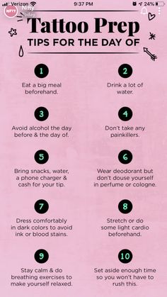 a pink poster with the words tattoo prep tips for the day of