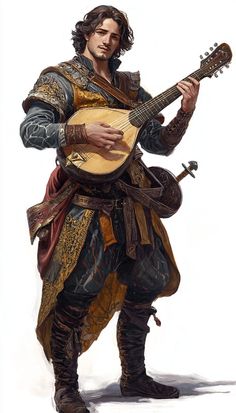 a man dressed in medieval clothing holding a guitar