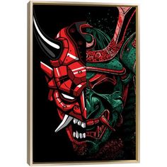 two samurai masks with red and green colors