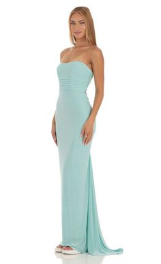 Corset Strapless Dress in Mint Blue | LUCY IN THE SKY Long Hoco Dress, Pastel Formal Dresses, Pastel Long Dress, Tight Long Dresses, Aqua Blue Prom Dress, Tiffany Blue Bridesmaid Dresses, Light Blue Formal Dress, Aqua Prom Dress, Long Hoco Dresses