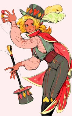 a drawing of a woman dressed in costume and holding a hat with her hands out