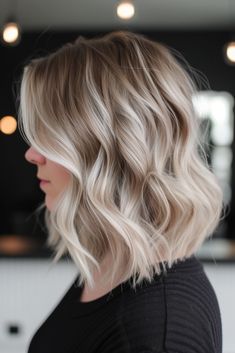 Hair Color Trends 2024 15 Short Hair With Lowlights Blonde, Dimensional Short Blonde Hair, Angled Lob Haircut Thick Hair, Short Shadow Root Blonde Hair, Blonde Wavy Lob, Blonde With Subtle Lowlights, Ash Blonde Wavy Hair, Blonde Bob For Fine Hair, Short Blonde Hair Root Smudge