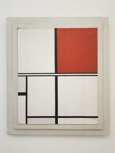 an abstract painting with red, white and black squares