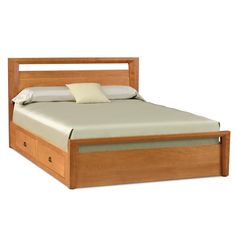 a wooden bed frame with two drawers underneath it and a pillow on the bottom side