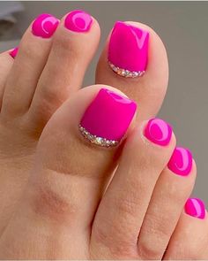 Pedicure With Gems Rhinestones, Pink Glitter Pedicure Toenails, Hot Pink Toes With Design, Toenail Ideas, Hottest Nail Trends, Pink Toe Nails