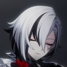 an anime character with white hair and black eyes, wearing a red bow around his neck