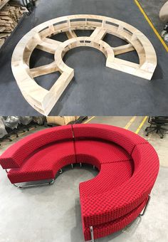 two pictures side by side, one is red and the other has white furniture in it