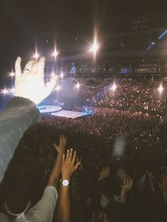 a crowd at a concert with their hands in the air