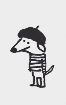 a drawing of a dog with a hat on it's head and wearing a striped shirt